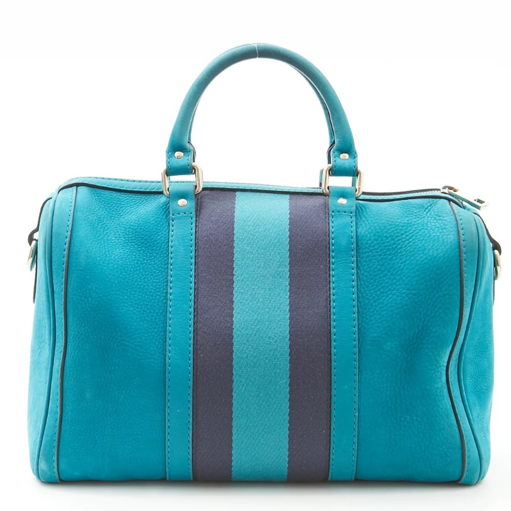 Authentic Gucci Teal Blue Suede Web Boston Bag